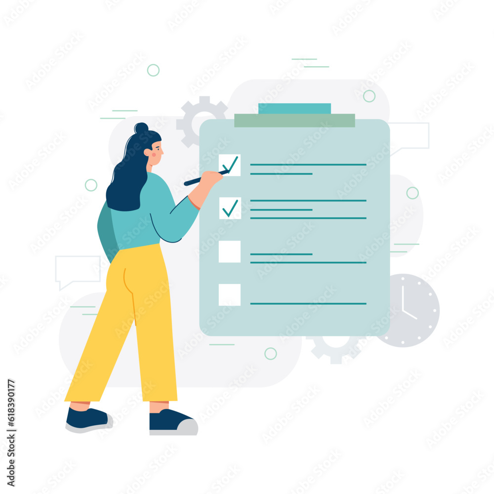 Young woman standing near big clipboard and making notes. Process of planning and organizing schedule. Time for making calendar schedule. Vector flat illustration in yellow and blue colors Young woman standing near big clipboard and making notes. Process of planning and organizing schedule. Time for making calendar schedule. Vector flat illustration in yellow and blue colors