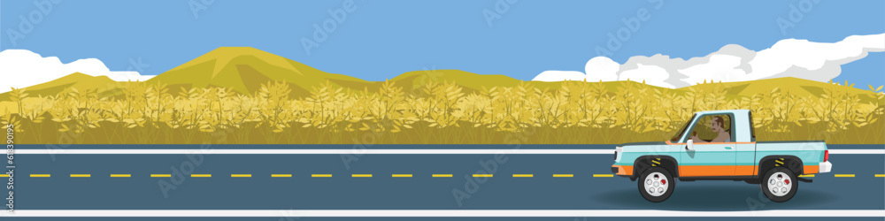 Farmland and pickup trucks for banner. Car pickup truck for travel with old man driving. Besid of road with wheat field gold color. Mountain and blue sky with white clouds. Copy Space Flat Vector. Farmland and pickup trucks for banner. Car pickup truck for travel with old man driving. Besid of road with wheat field gold color. Mountain and blue sky with white clouds. Copy Space Flat Vector.