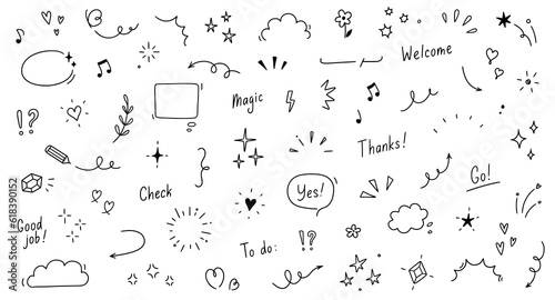 Doodle cute star, sparkle pen line elements. Doodle heart, emphasis, star, sparkle decoration symbol set icon. Simple sketch line style emphasis, glitter, pattern elements. Vector illustration.