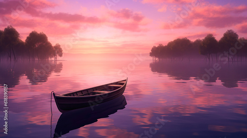神秘的な穏やかな湖と手漕ぎのボート　Generative AI © Hanasaki