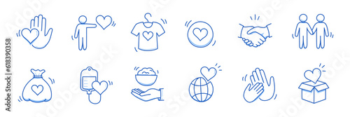 Charity hand, money, blood donation doodle line icon. Charity volunteer, support, blood donor concept icon set. Volunteer heart, donate food hand drawn doodle sketch style line. Vector illustration