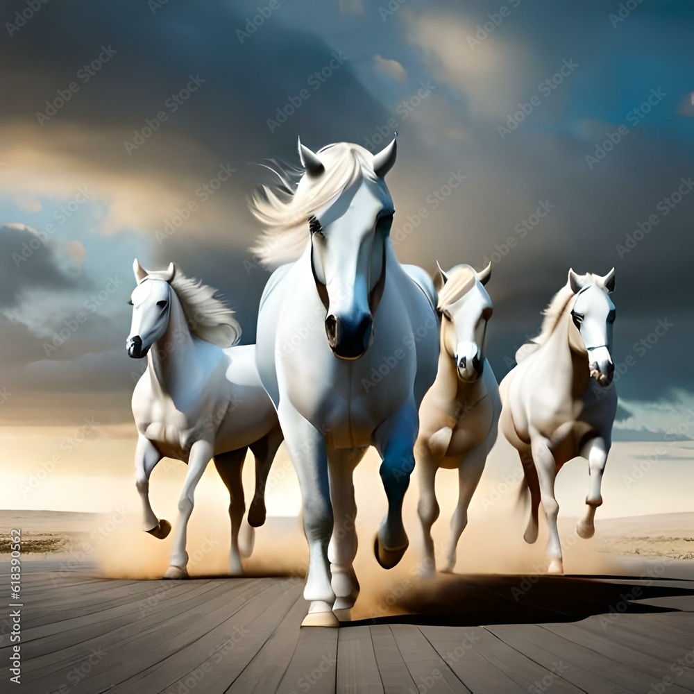group of white horses at the beach .Ai generated