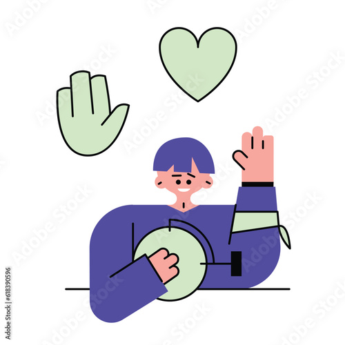 Young cartoon character helping people around world. Volunteering organization concept. Goodness, mercy, hope and love. Charity and donations. Vector flat illustration in blue colors