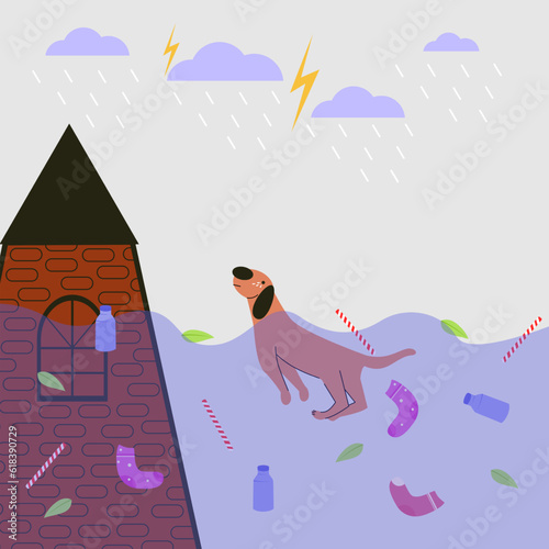 Dog swimming in flash flood illustration. Dog drowning in the flood illustration.