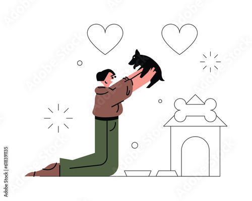 Man helping dog, taking care of environment and pets. Social charity activities to save planet. Spending time with pet. Taking care of nature. Vector flat illustration