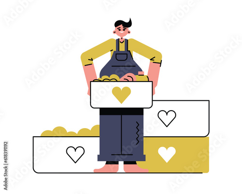 Young female holding box with aid and volunteering. Woman doing donation and charity. Care for environment and helping other people. Vector flat illustration in blue and green color