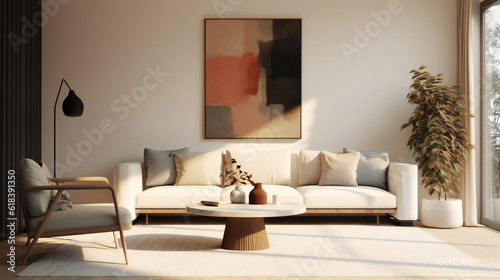 Stylish Living Room Interior with an Abstract Frame Poster, Modern Interior Design, 3D Render, 3D Illustration © Roman P.