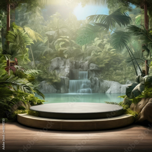 Podium in outdoor waterfall green tropical forest nature background. Natural water product present placement pedestal counter display, spring summer jungle paradise concept.