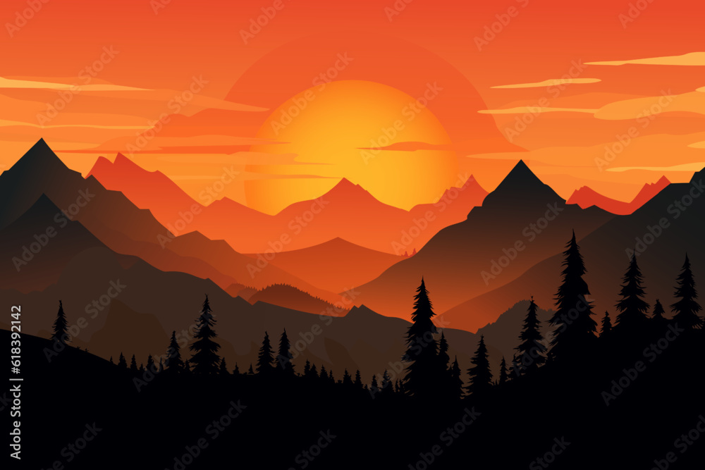 Beautiful vector landscape of mountains and forests. Silhouettes of mountains at autumn sunset. Beautiful vector landscape of mountains and forests. Silhouettes of mountains at autumn sunset.
