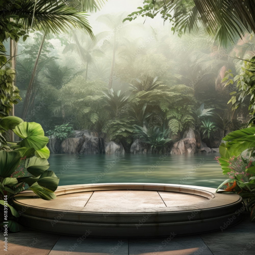 Rock podium in tropical forest for product presentation. Behind is a view tropical forest Rock podium in tropical forest for product presentation. Behind is a view tropical forest
