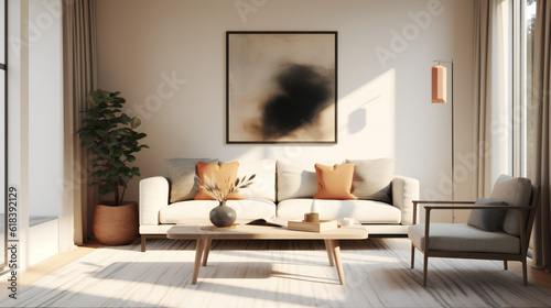 Stylish Living Room Interior with an Abstract Frame Poster  Modern Interior Design  3D Render  3D Illustration