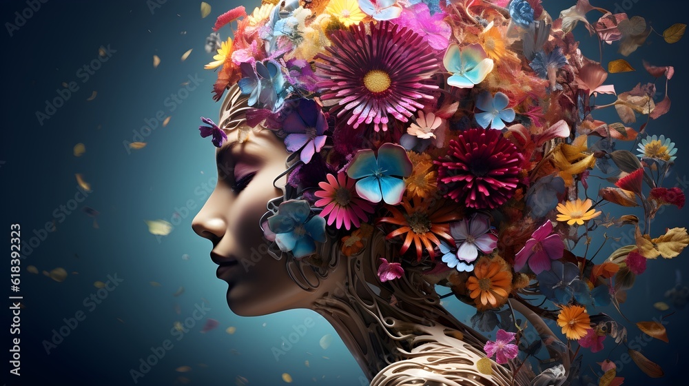 A illustration of a woman covers her hair with colorful flowers