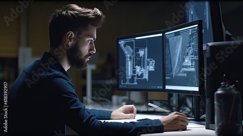Engineer working on a computer in office. Engineering and architecture concept