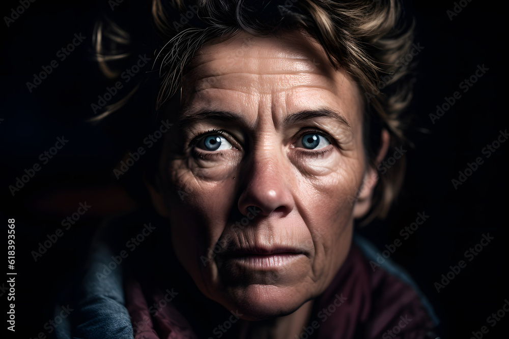 A middle-aged Caucasian woman caught in a moment of intense contemplation, her face shadowed but her eyes filled with a mix of determination and hope. Generative AI A middle-aged Caucasian woman caught in a moment of intense contemplation, her face shadowed but her eyes filled with a mix of determination and hope. Generative AI