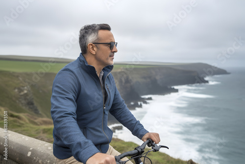 A middle-aged Caucasian man enjoying a leisurely bike ride along a scenic coastal path. Generative AI