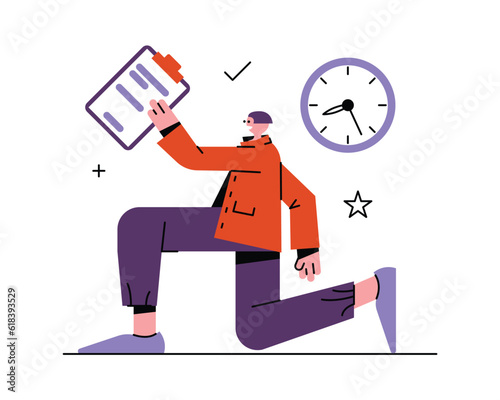 Man holding clipboard and doing job on time. Time management efficiency. Productivity and efficiency in business. Process of managing working time. Vector flat illustration in purple colors