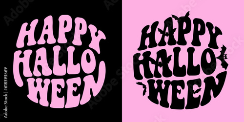 Happy Halloween groovy lettering. Cute Halloween sign banner with cartoon bats. Trendy vintage poster. Vector illustration