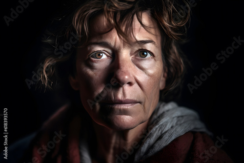 A middle-aged Caucasian woman caught in a moment of intense contemplation, her face shadowed but her eyes filled with a mix of determination and hope. Generative AI