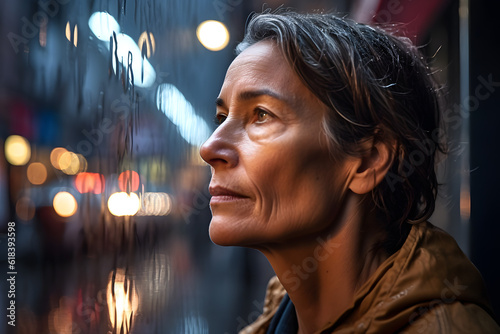A middle-aged Caucasian woman walking through a rain-soaked street, her face embraced by the glistening reflections, capturing a moment of contemplation and resilience. Generative AI