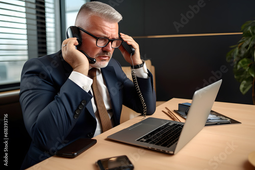 A middle-aged man wearing a suit and tie, multitasking with a phone call in one hand and a laptop in the other, showcasing the fast-paced and demanding nature of corporate work. Generative AI © Mihai Zaharia