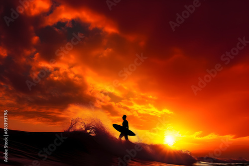 Silhouette of a surfer catching a wave at sunset, against a vibrant sky. Generative AI