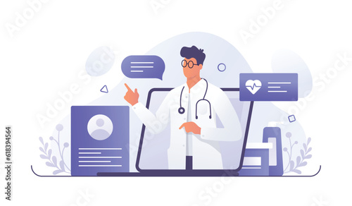Professional male doctor calling to patient, giving treatment prescription and advice. Cartoon character providing modern healthcare service. Vector flat illustration in blue colors