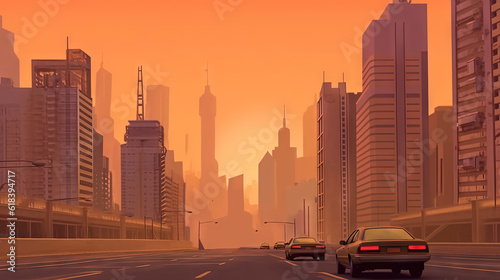 City panorama with highway and orange sky. Cityscape with cars and architecture with red fog sky. Generated AI © swillklitch