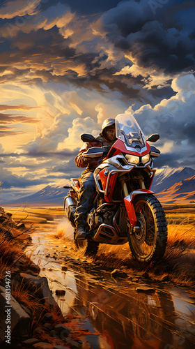 motocross rider off road , beautiful sunset in background with a reflection of motor cycle on road 