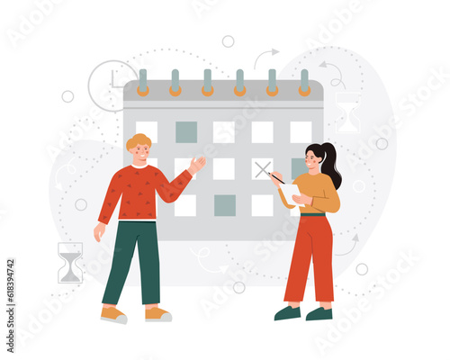 Young workers standing near big calendar and making notes. Man and lady managing working schedule and working. Efficiency in business. Vector illustration in red and gray colors