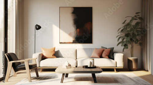 Fototapeta Naklejka Na Ścianę i Meble -  Stylish Living Room Interior with an Abstract Frame Poster, Modern Interior Design, 3D Render, 3D Illustration