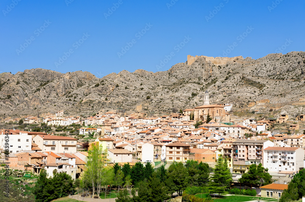 Small monumental town, called Castellote, located on a mountain, Spain, Aragon, Teruel, Maestrazgo