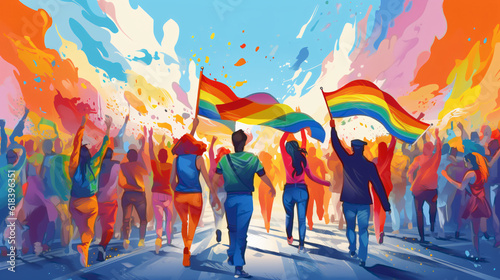 Young people celebrating gay pride outdoors style in watercolor painting