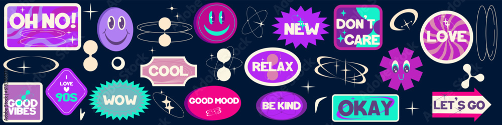 Y2k sticker trendy set. 90s design sticker with text okay, wow, relax. Cute purple label y2k. Aesthetic pack trendy shape. Flat vector illustration Y2k sticker trendy set. 90s design sticker with text okay, wow, relax. Cute purple label y2k. Aesthetic pack trendy shape. Flat vector illustration