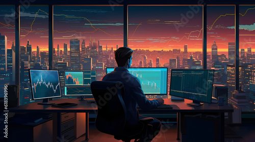 finance analyst trading stocks in a modern office in painting style