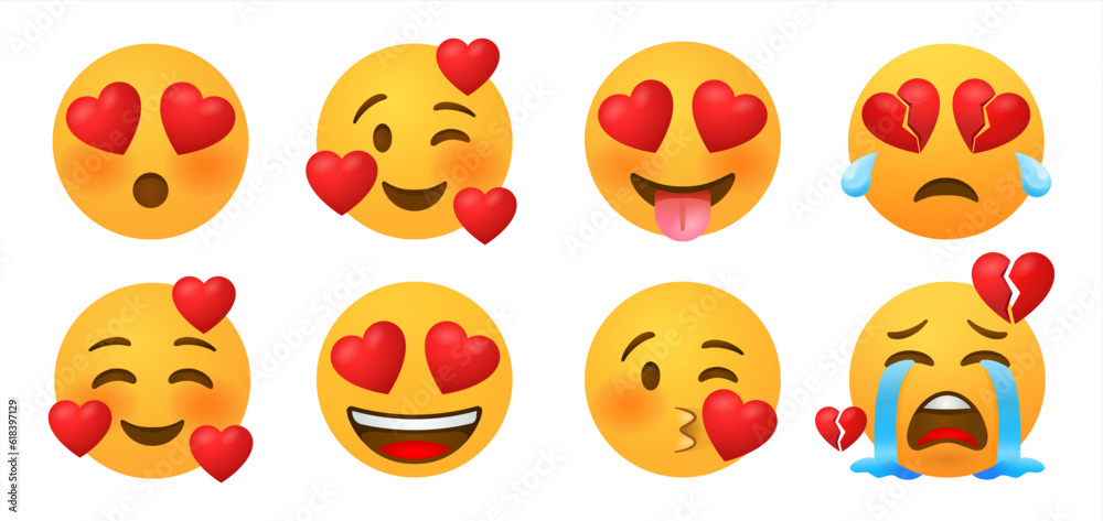 Emoticon and emoji with heart vector faces set. Emoticons of red heart ...