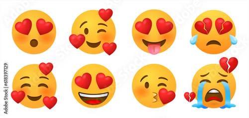 Emoticon and emoji with heart vector faces set. Emoticons of red heart with in love, broken, kissing, surprise and funny cute expression isolated in white background. Vector illustration 10 eps.