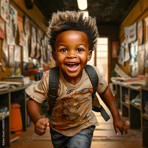 smiling black kid preschool student running looking at camera in class. back to elementary school
