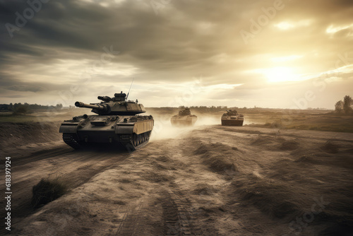 Army or military tanks ready to attack in a battle moving over a deserted battlefield terrain