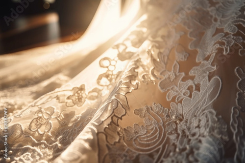Close up of elegant flower embroidery on wedding dress