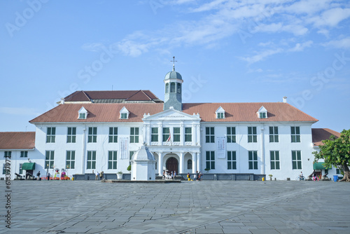 Jakarta, Indonesia - June 29, 2023: Old Dutch colonial building in "old town" area and bank indonesia museum getaway in Jakarta city with clear blue sky background