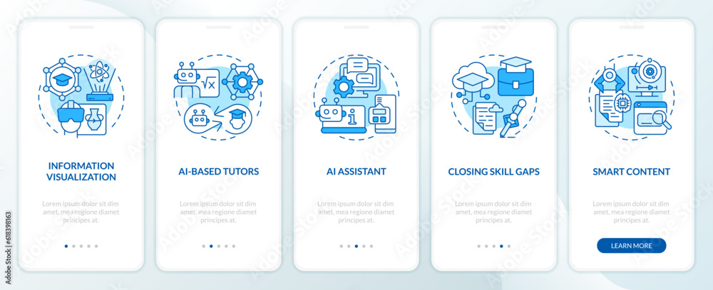 5 steps blue icons representing AI in education, graphic instructions with linear concepts, app screen.