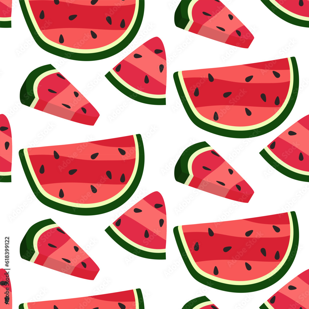 Vector illustration of a seamless pattern of watermelon slices in retro colors. Summer watermelon background with watermelon halves and quarters. Cartoon pieces of watermelon in a chaotic order Vector illustration of a seamless pattern of watermelon slices in retro colors. Summer watermelon background with watermelon halves and quarters. Cartoon pieces of watermelon in a chaotic order