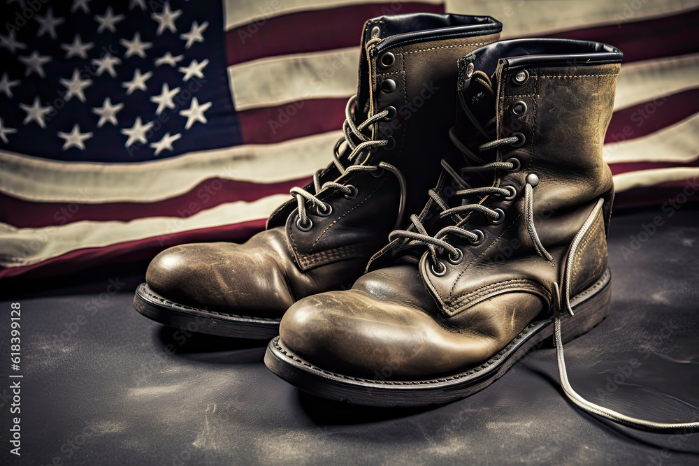 Old military combat boots with dog tags and two small American flags.AI ...
