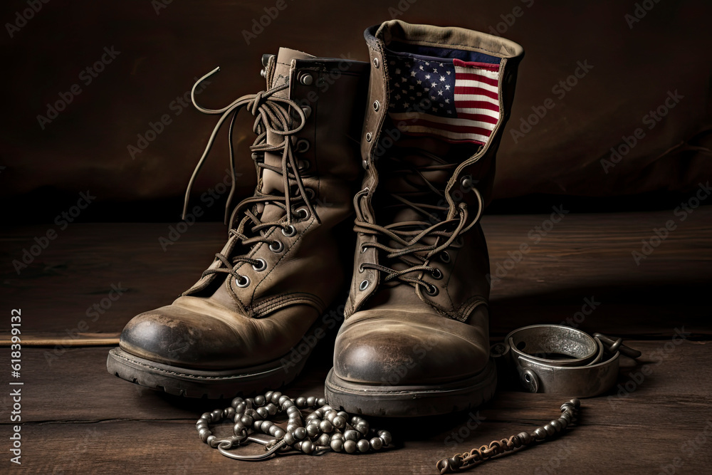 Old military combat boots with dog tags and two small American flags.AI ...