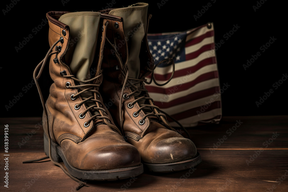 Old military combat boots with dog tags and two small American flags.AI ...