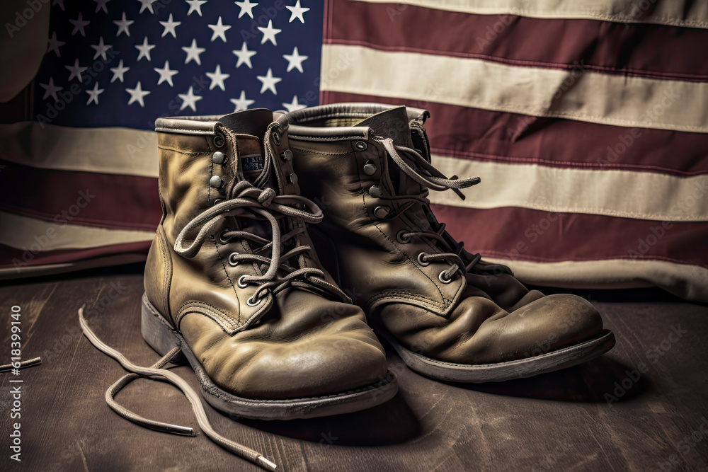 Old military combat boots with dog tags and two small American flags.AI ...