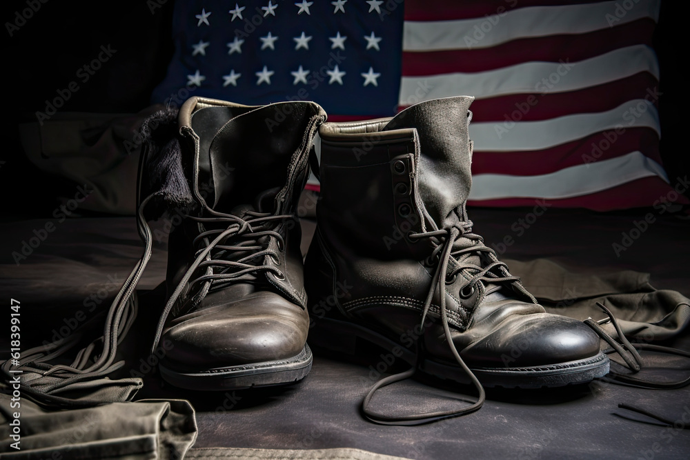 Old military combat boots with dog tags and two small American flags.AI ...