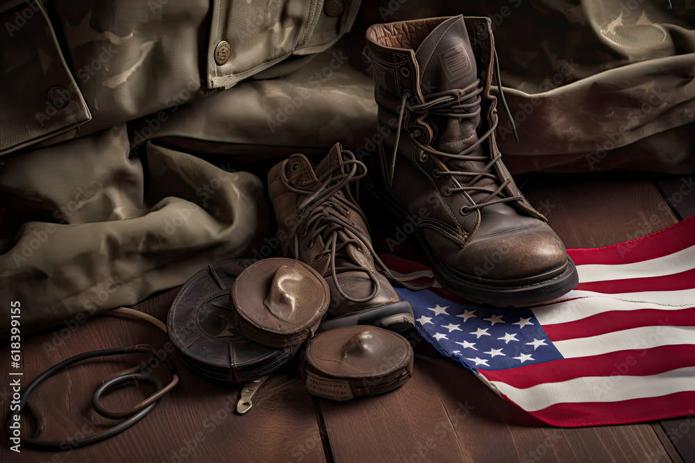 Old military combat boots with dog tags and two small American flags.AI ...
