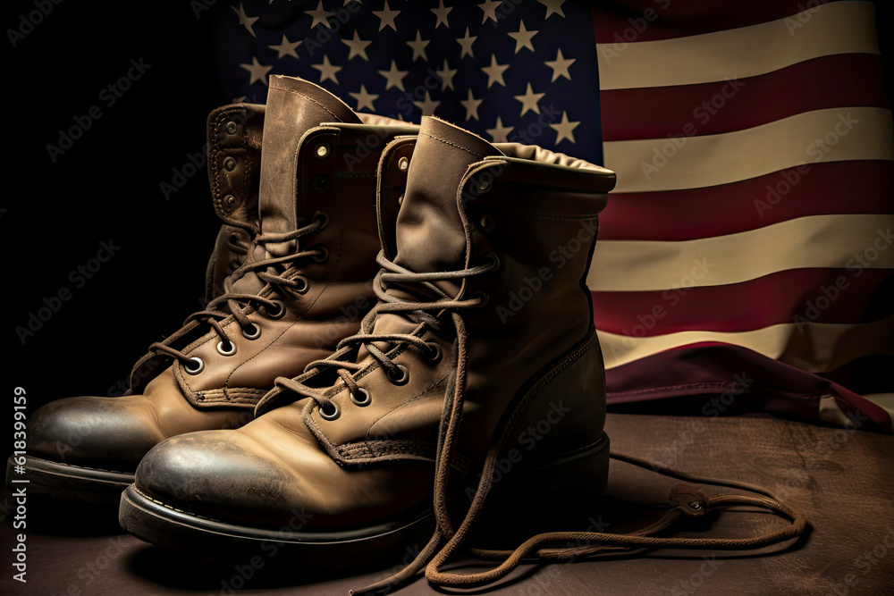 Old military combat boots with dog tags and two small American flags.AI ...
