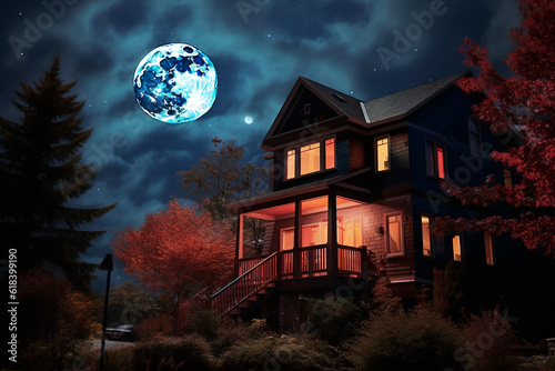 A haunted house in the night with full moon
